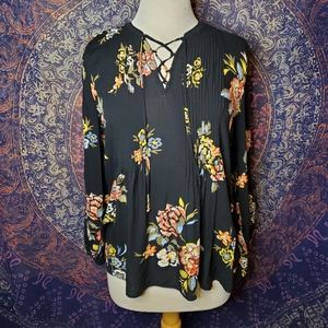 Old Navy Black Floral Long Sleeve Blouse with Criss-cross Accent Womens Medium
